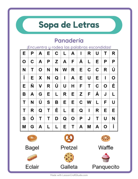 Vista previa de la hoja de Sopa De Letras con Panadería para grado 1
