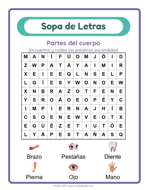 Vista previa de la hoja de Sopa De Letras con Partes del cuerpo para grado 1