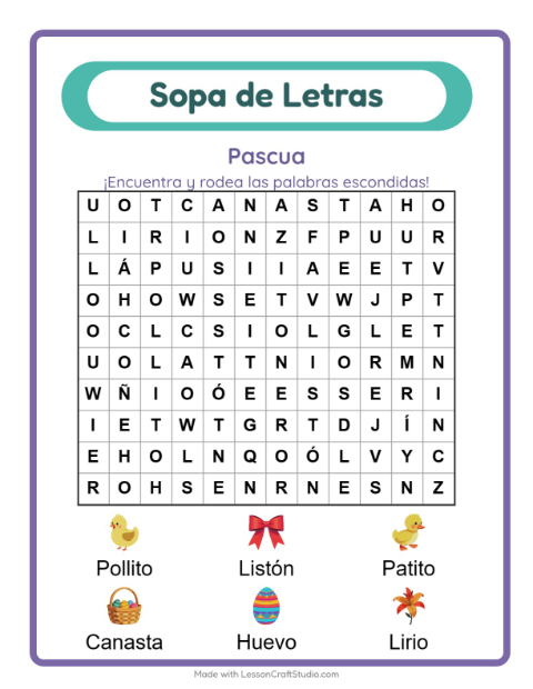 Vista previa de la hoja de Sopa De Letras con Pascua para grado 1