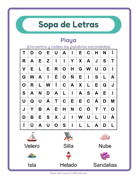 Vista previa de la hoja de Sopa De Letras con Playa para grado 1