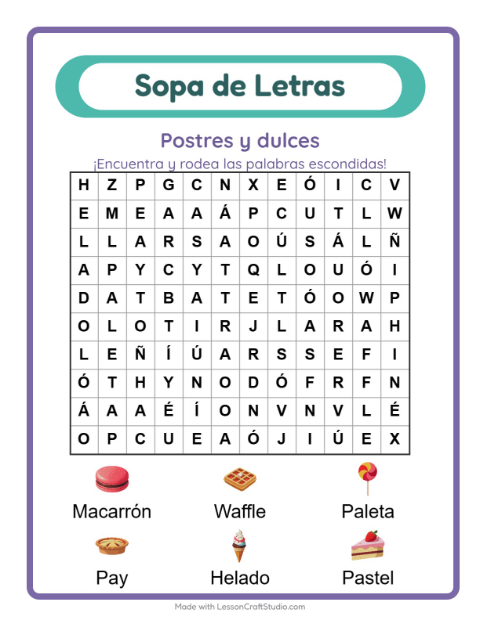 Vista previa de la hoja de Sopa De Letras con Postres y dulces para grado 1