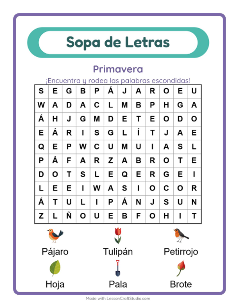 Vista previa de la hoja de Sopa De Letras con Primavera para grado 1