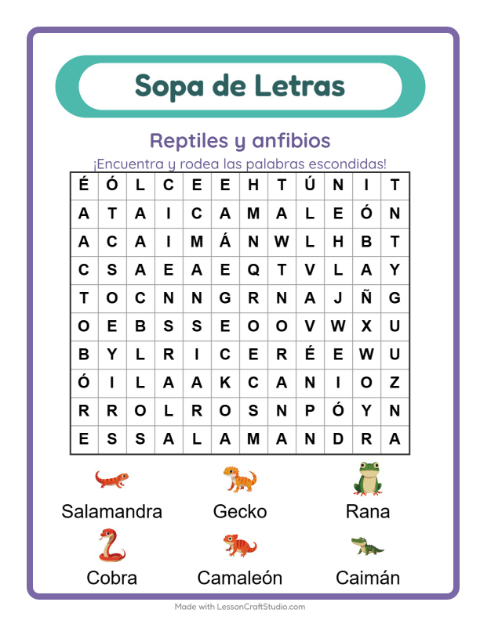 Vista previa de la hoja de Sopa De Letras con Reptiles y anfibios para grado 1