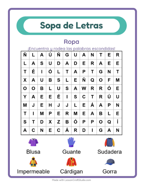 Vista previa de la hoja de Sopa De Letras con Ropa para grado 1