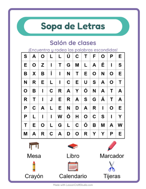 Vista previa de la hoja de Sopa De Letras con Salón de clases para grado 1