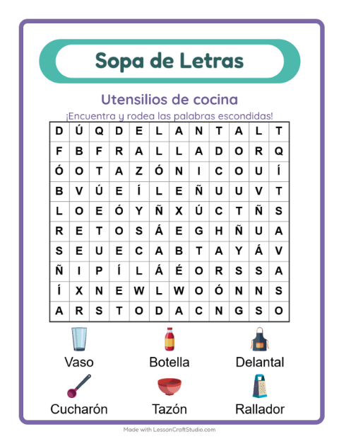 Vista previa de la hoja de Sopa De Letras con Utensilios de cocina para grado 1