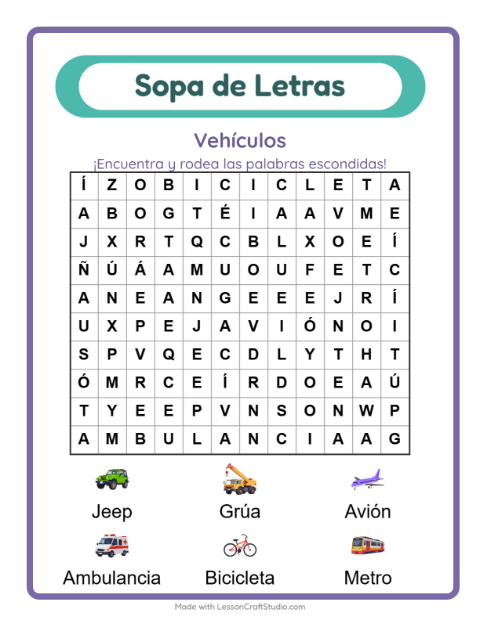 Vista previa de la hoja de Sopa De Letras con Vehículos para grado 1
