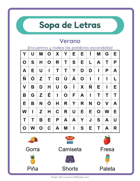 Vista previa de la hoja de Sopa De Letras con Verano para grado 1