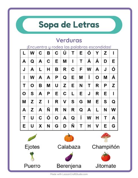 Vista previa de la hoja de Sopa De Letras con Verduras para grado 1