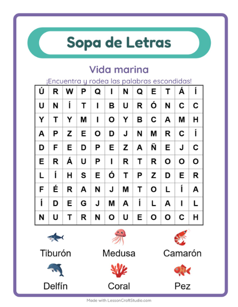 Vista previa de la hoja de Sopa De Letras con Vida marina para grado 1