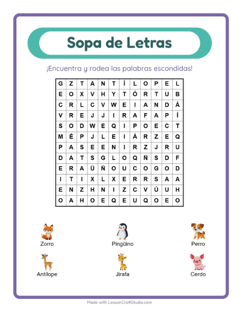 Vista previa de la hoja de Sopa De Letras para grado 1
