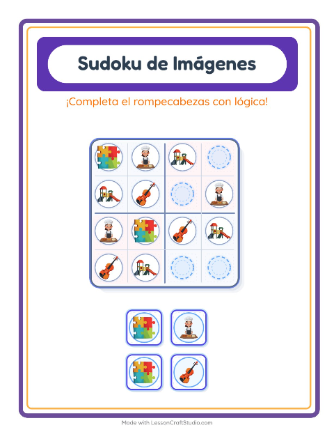 Vista previa de la hoja de Sudoku De Imágenes con Actividades para jardín infantil