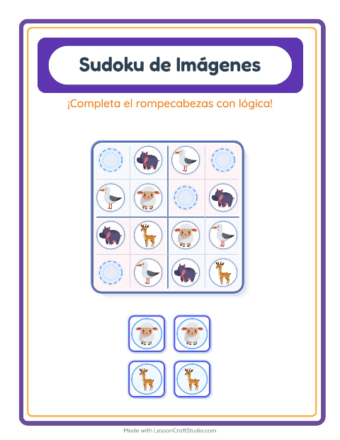 Vista previa de la hoja de Sudoku De Imágenes con Animales para jardín infantil