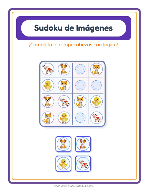 Vista previa de la hoja de Sudoku De Imágenes con Animales de granja para jardín infantil