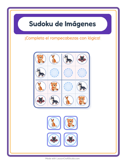 Vista previa de la hoja de Sudoku De Imágenes con Animales del zoológico para jardín infantil