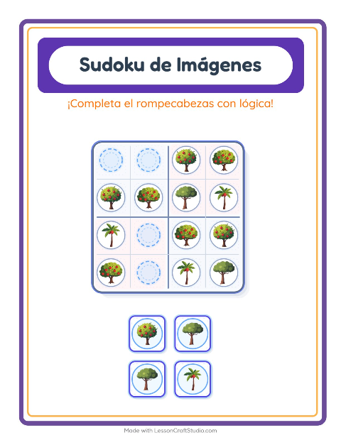Vista previa de la hoja de Sudoku De Imágenes con Árboles para jardín infantil
