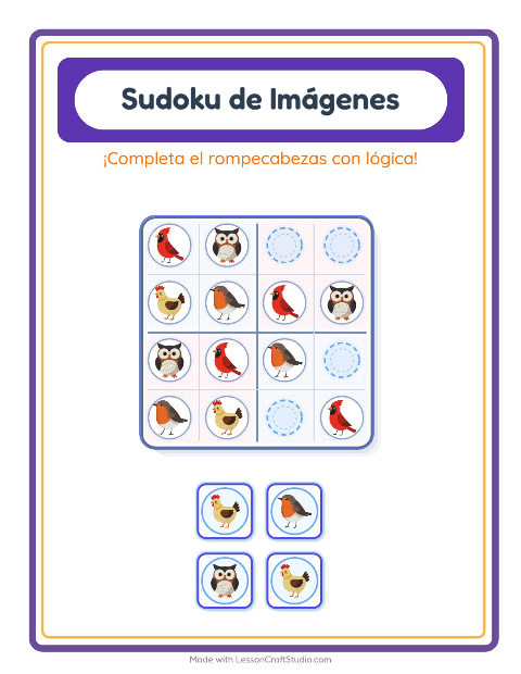 Vista previa de la hoja de Sudoku De Imágenes con Aves 2 para jardín infantil