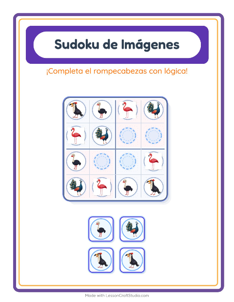 Vista previa de la hoja de Sudoku De Imágenes con Aves para jardín infantil