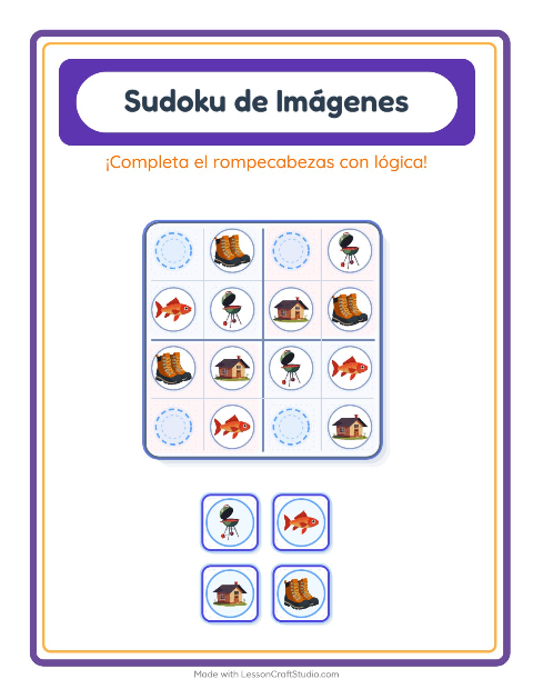 Vista previa de la hoja de Sudoku De Imágenes con Campamento para jardín infantil
