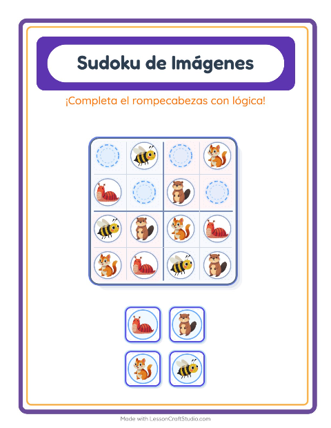 Vista previa de la hoja de Sudoku De Imágenes con Criaturas del bosque para jardín infantil