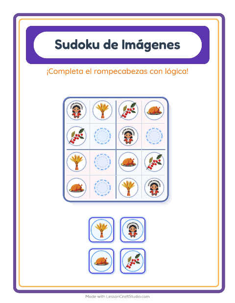 Vista previa de la hoja de Sudoku De Imágenes con Día de Acción de Gracias para jardín infantil