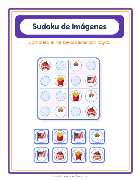 Vista previa de la hoja de Sudoku De Imágenes con 4 de Julio para jardín infantil