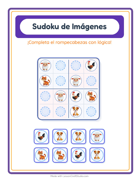 Vista previa de la hoja de Sudoku De Imágenes con Animales de granja para jardín infantil