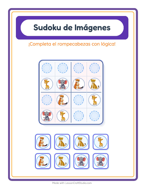 Vista previa de la hoja de Sudoku De Imágenes con Animales del zoológico para jardín infantil