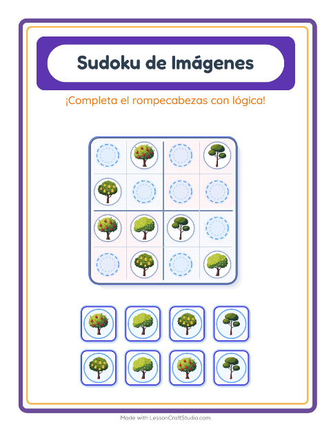 Vista previa de la hoja de Sudoku De Imágenes con Árboles para jardín infantil