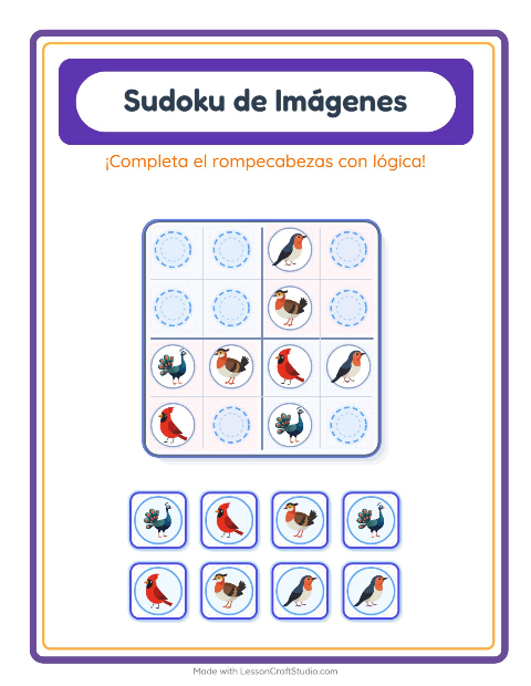 Vista previa de la hoja de Sudoku De Imágenes con Aves 2 para jardín infantil
