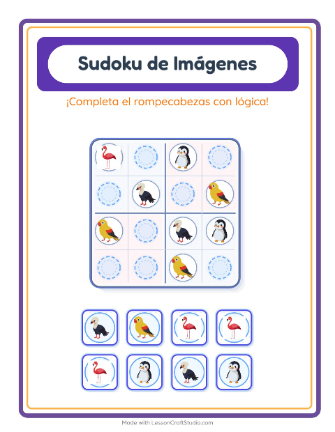 Vista previa de la hoja de Sudoku De Imágenes con Aves para jardín infantil