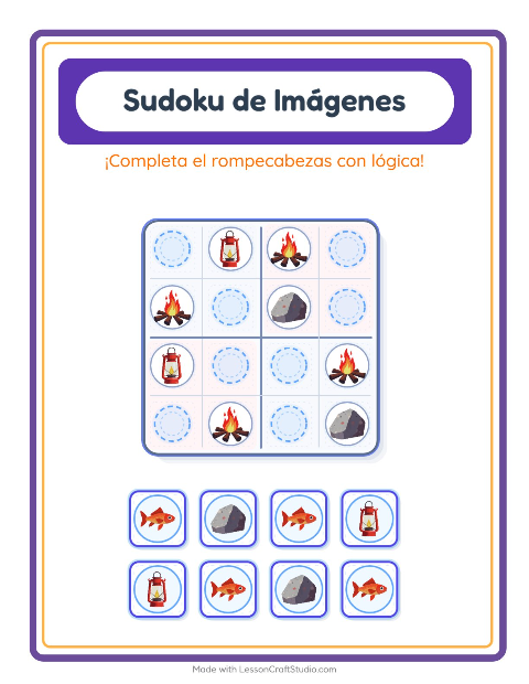 Vista previa de la hoja de Sudoku De Imágenes con Campamento para jardín infantil