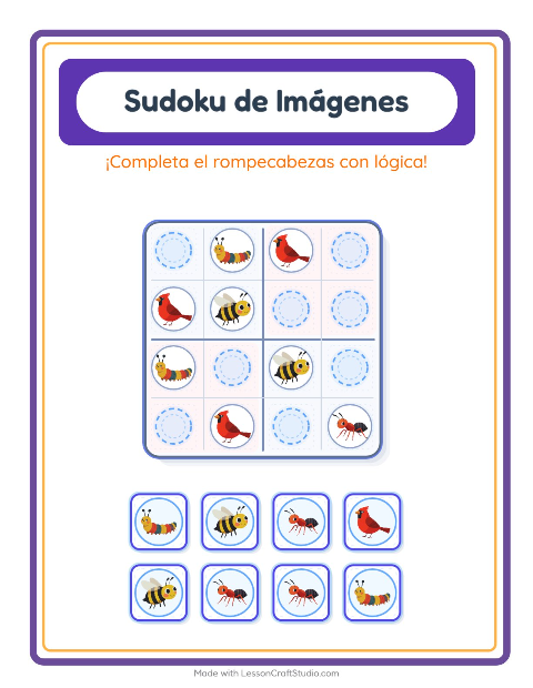 Vista previa de la hoja de Sudoku De Imágenes con Criaturas del bosque para jardín infantil