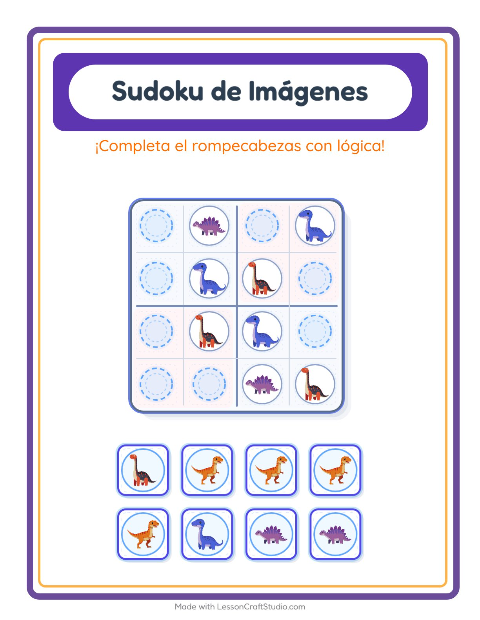 Vista previa de la hoja de Sudoku De Imágenes con Dinosaurios para jardín infantil
