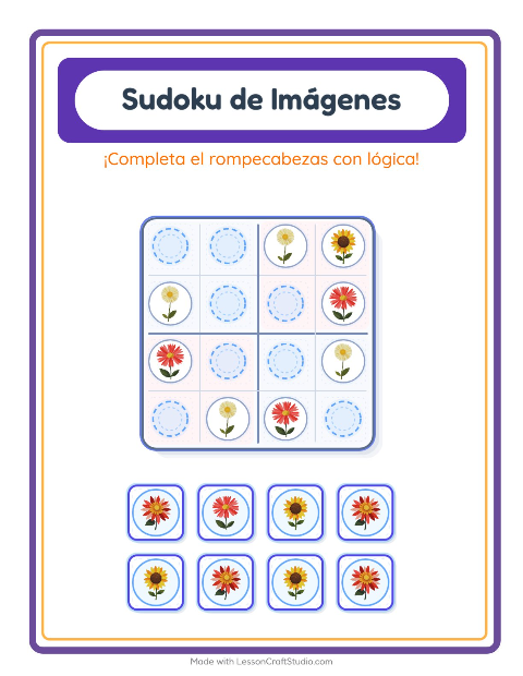 Vista previa de la hoja de Sudoku De Imágenes con Flores para jardín infantil