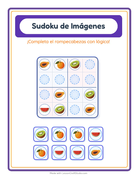 Vista previa de la hoja de Sudoku De Imágenes con Frutas para jardín infantil