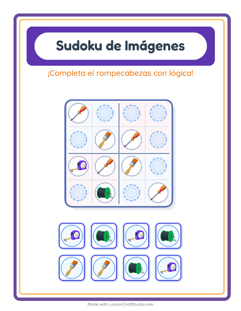 Vista previa de la hoja de Sudoku De Imágenes con Herramientas para jardín infantil
