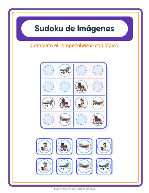 Vista previa de la hoja de Sudoku De Imágenes con Hospital para jardín infantil