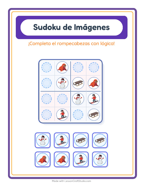 Vista previa de la hoja de Sudoku De Imágenes con Invierno para jardín infantil