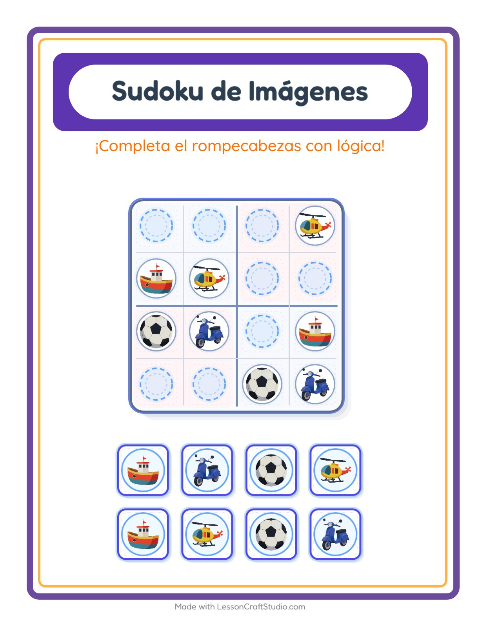 Vista previa de la hoja de Sudoku De Imágenes con Juguetes para jardín infantil