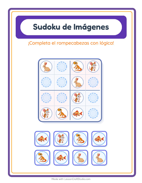 Vista previa de la hoja de Sudoku De Imágenes con Mascotas para jardín infantil