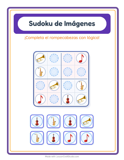 Vista previa de la hoja de Sudoku De Imágenes con Música para jardín infantil