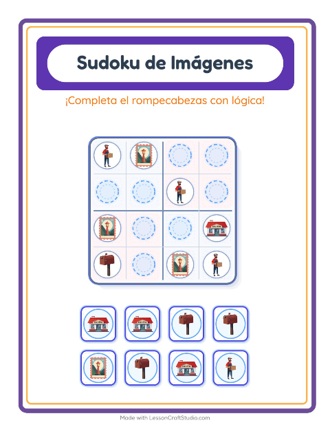 Vista previa de la hoja de Sudoku De Imágenes con Oficina de correos para jardín infantil