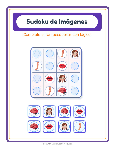 Vista previa de la hoja de Sudoku De Imágenes con Partes del cuerpo para jardín infantil