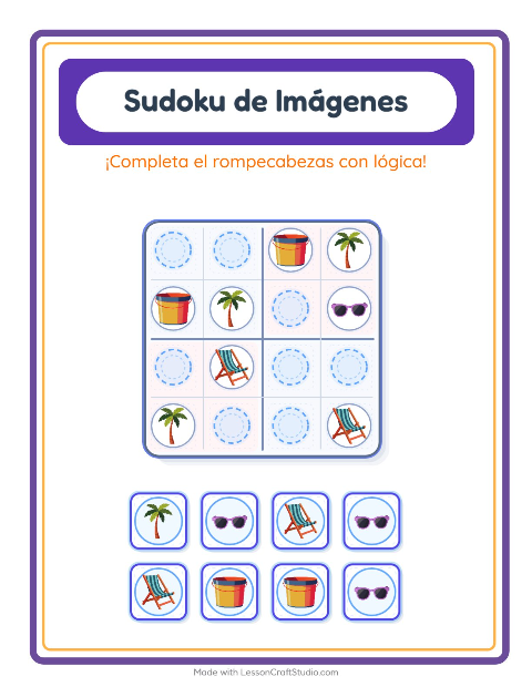 Vista previa de la hoja de Sudoku De Imágenes con Playa para jardín infantil