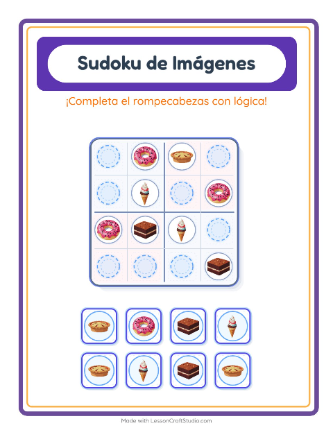 Vista previa de la hoja de Sudoku De Imágenes con Postres y dulces para jardín infantil