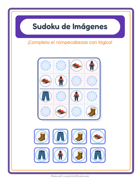 Vista previa de la hoja de Sudoku De Imágenes con Ropa para jardín infantil