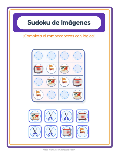 Vista previa de la hoja de Sudoku De Imágenes con Salón de clases para jardín infantil