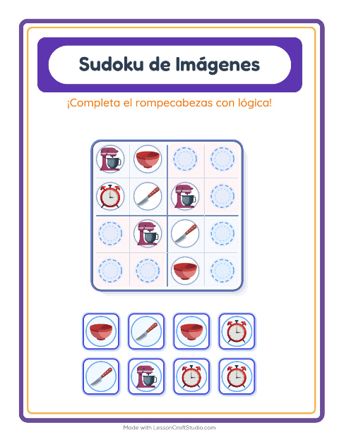 Vista previa de la hoja de Sudoku De Imágenes con Utensilios de cocina para jardín infantil