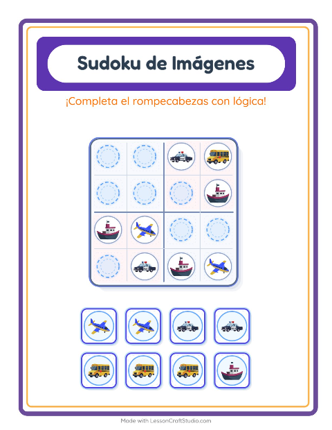 Vista previa de la hoja de Sudoku De Imágenes con Vehículos para jardín infantil